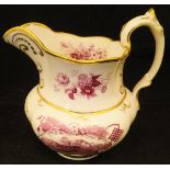A 19th Century Staffordshire pottery jug of squash form with gilt lining and puce transfer