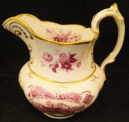 A 19th Century Staffordshire pottery jug of squash form with gilt lining and puce transfer