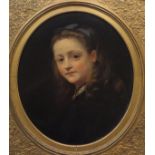 DOWNES (19TH CENTURY) "Young girl with blue ribbon in her hair", oil on board, oval,