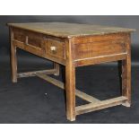 A 19th Century elm kitchen table with planked top and two frieze drawers,