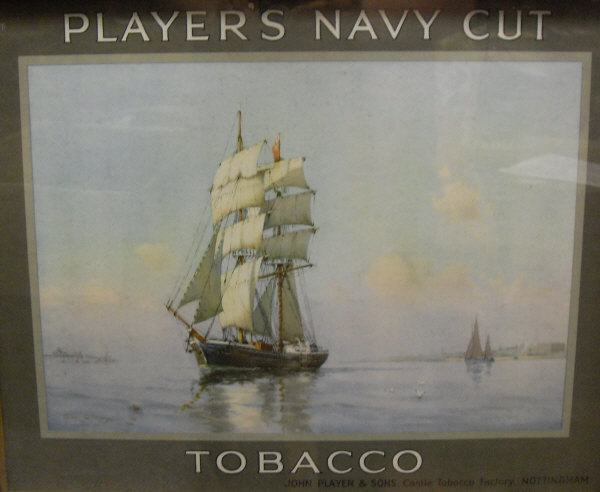 AFTER J M BROWN "Players Navy Cut Tobacco", colour print of tall-masted ship in harbour,