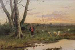 WILLIAM DOMMERSON (1850-1927) "Shepherd and sheep by waters edge at sunset", oil on canvas,