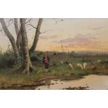 WILLIAM DOMMERSON (1850-1927) "Shepherd and sheep by waters edge at sunset", oil on canvas,