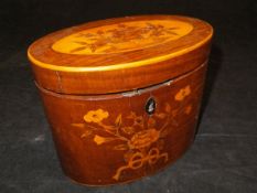 A George II harewood and marquetry inlaid tea caddy of oval form,