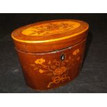 A George II harewood and marquetry inlaid tea caddy of oval form,