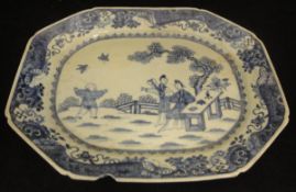 An 18th Century Chinese blue and white elongated octagonal serving plate,