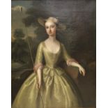 LATE 18TH CENTURY ENGLISH SCHOOL "Young lady in straw hat in silk dress holding a crook",