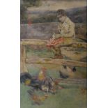 DAVID WOODLOCK (1842-1929) "The Farmers Boy", study of a boy seated on a fence feeding chickens,
