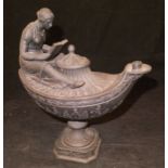 A Wedgwood black basalt urn shaped Vestal oil lamp decorated with seated figure reading,