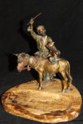 AFTER FRANZ BERGMAN "Arab and chained monkey upon a donkey", figural group of a turbanned Arab,