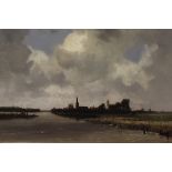 JAN VAN (JOHANNES CORNELIS) ESSEN (1854-1936) "Dutch Waterway with town and figures in background"