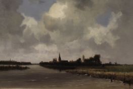JAN VAN (JOHANNES CORNELIS) ESSEN (1854-1936) "Dutch Waterway with town and figures in background"