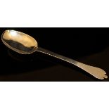 A circa 1700 silver trefid spoon (indistinct maker's mark and date stamp), initialled "M S" to top,