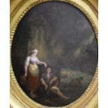 18TH CENTURY CONTINENTAL SCHOOL "Shepherd and sheep and woman with jar by fountain",