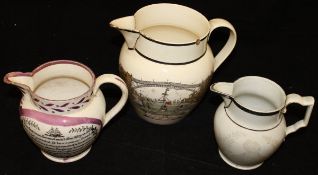 A collection of three 19th Century pottery jugs including "A West View of the Iron Bridge at