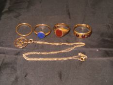 A collection of four various 9 carat gold rings and a 9 carat gold Masonic pendant and chain (17 gm