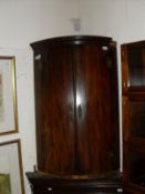 An early 19th Century mahogany bow fronted hanging corner cupboard with three shelves