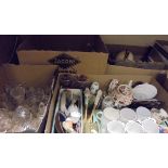 Eight boxes of miscellaneous items to include china wares, glass wares, metal wares,