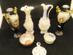 A collection of various china wares to include a pair of Continental fruit decorated blue ground