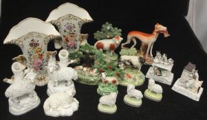 Various Staffordshire flat back figures including spill vases as sheep and ram,