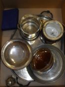 A box of various electro-plated items to include wine bottle coaster, twin handled tray,