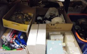 Five boxes of miscellaneous items to include lustre ware jugs, children's toys,