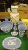 Seven pieces of Wedgwood blue Jasper ware to include vases, bowls, trays,