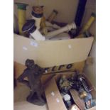 Two boxes of miscellaneous items to include one box of various turned and painted lamp bases,