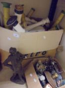 Two boxes of miscellaneous items to include one box of various turned and painted lamp bases,