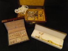 A Chinese jewellery box and contents of various costume and other jewellery including 9 carat gold