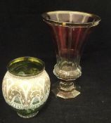 A Bohemian green ground glass vase, the top half with white enamel lace work and gilt decoration,