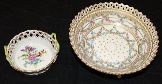 A 20th Century Dresden floral encrusted painted miniature two handled bowl and a larger bowl with