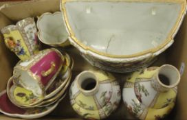 A pair of Dresden yellow ground gourd shaped vases, two cups and saucers,