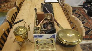 A box of various metal wares to include iron handled saucepans, copper kettles,