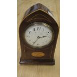 An Edwardian mahogany and inlaid cased mantle clock of lancet form,