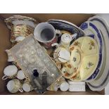 Three boxes of miscellaneous china and glass wares to include a Paragon part tea service,