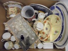 Three boxes of miscellaneous china and glass wares to include a Paragon part tea service,