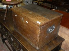 An oak box of plain form with iron carrying handles and a mahogany stool, the circular,