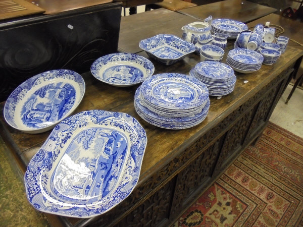 A Spode "Italian" pattern part dinner and tea service to include platters, plates, teapot, tea cups,