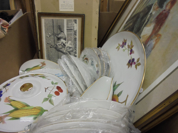 Three boxes of assorted items to include Royal Worcester "Evesham" part dinner service of plates