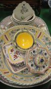 Various Portuguese hand painted decorative plates, dishes, bowls, inkwell,