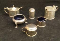 A collection of various silver and white metal wares to include silver drum shaped mustard,