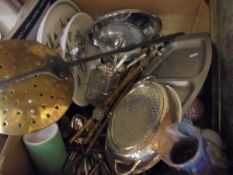 One box of miscellaneous items to include ceramic carpet bowls, a Merlin glass vase,