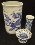 A blue and white cylindrical Chinese 20th Century vase of a dragon chasing the pearl decoration,