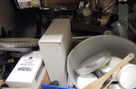 Five boxes of assorted kitchen wares to include woks, frying pans, scales,