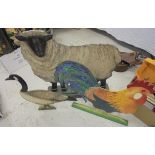 Three hand painted 'dummyboard' animal figures, one as a sheep,