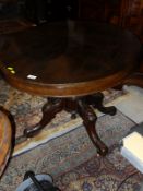 A late Victorian mahogany oval tilt top looe table on centre pedestal to hipped carved quadruped