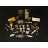 A quantity of various miscellaneous items to include horn beakers, pen knives various, Prayer wheel,