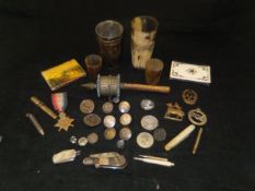 A quantity of various miscellaneous items to include horn beakers, pen knives various, Prayer wheel,