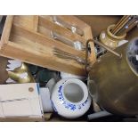 Three boxes of mixed china, glass and metal wares to include 19th Century brass candlesticks,